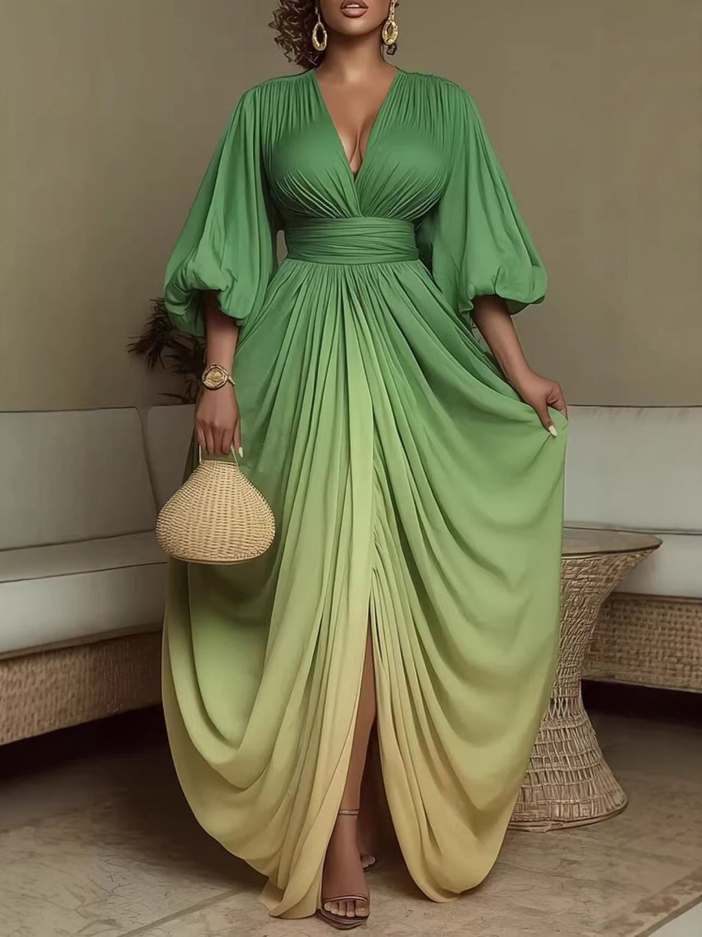 Fashion Temperament Printed Pleated Loose Slimming Large Dress