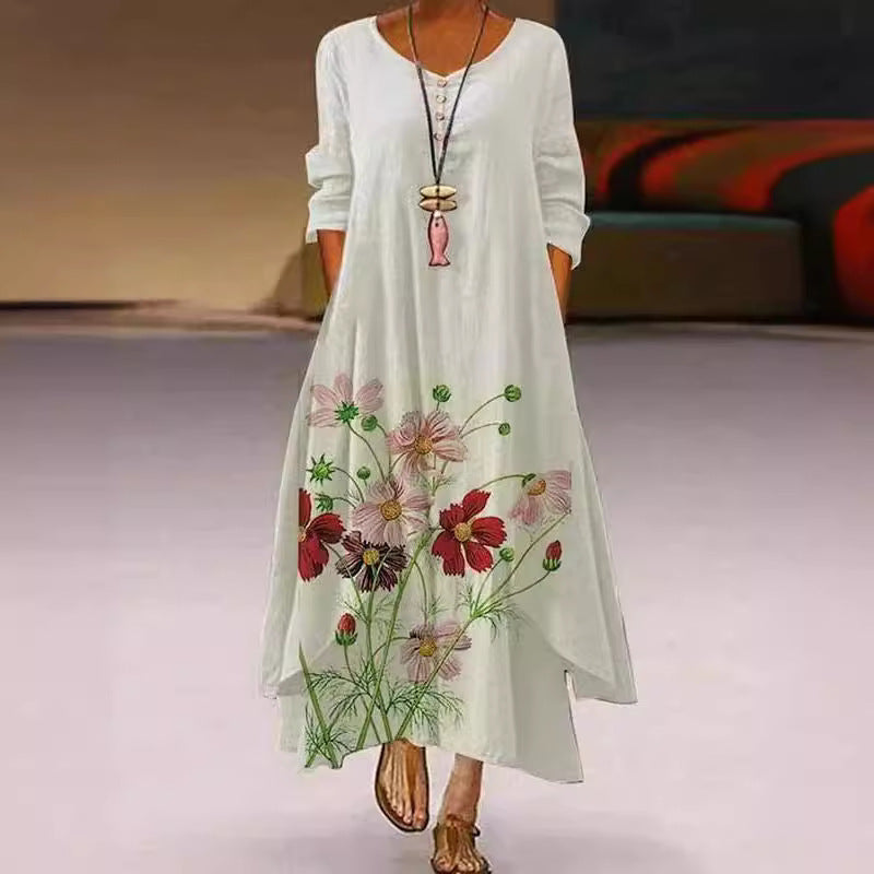 Women's Popular Printed Long-sleeved Hem Irregular Long Dress