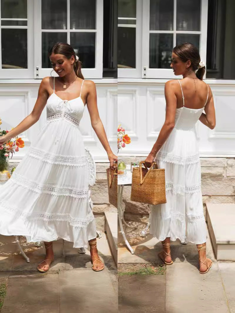 Women's Bohemian Strap Lace Stitching Large Swing Dress