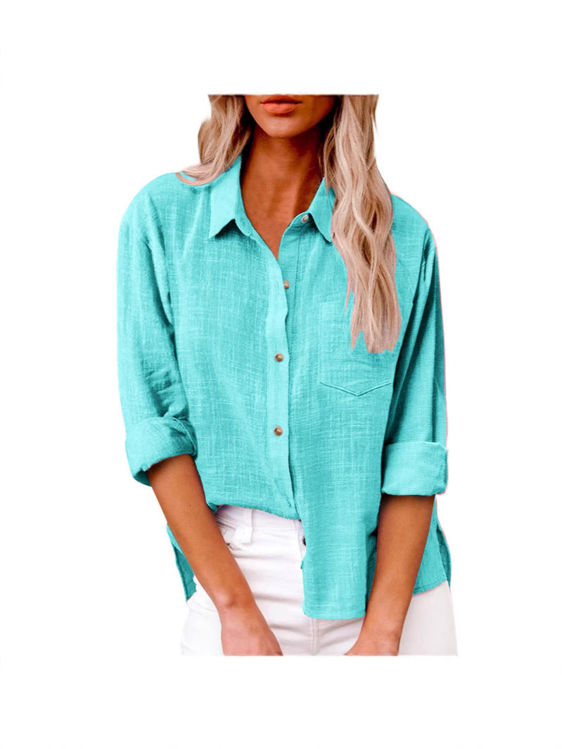 Women's Autumn Pocket Split Long Sleeve Cotton Blouse