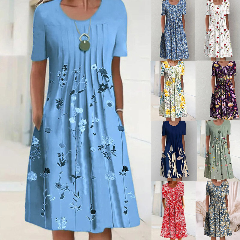 Women's Floral Print Round Neck Pocket Mid-length Clothing