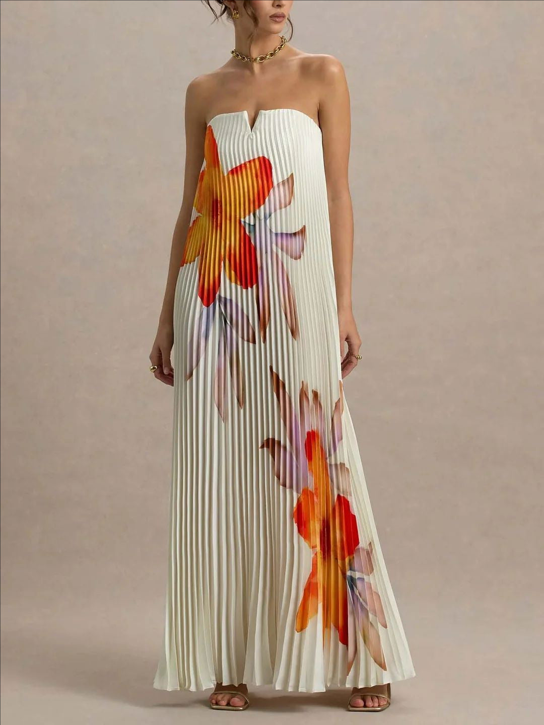 Women's Printed Tube Loose Pleated Long Dress