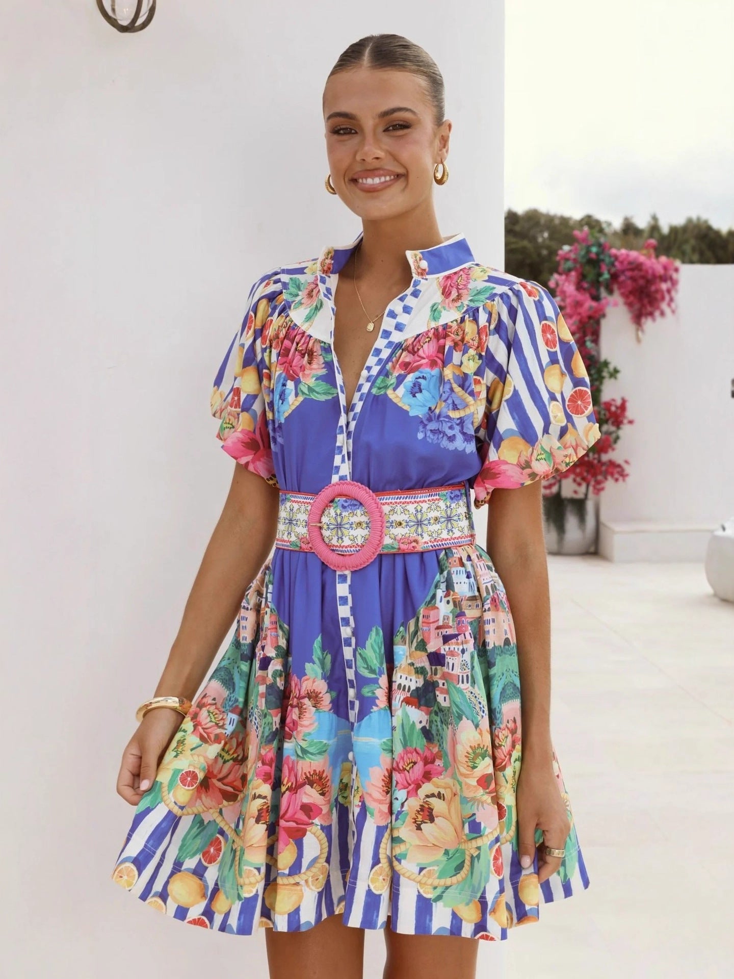 Casual Elegant Linen Puff Sleeve Waist Dress