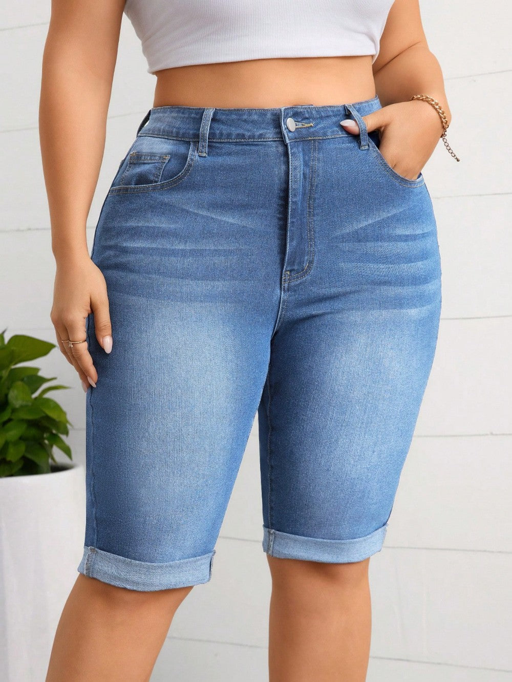 Large Washed Blue Stretch Denim Figure Flattering Women's Jeans