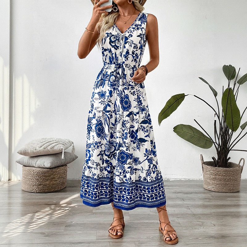 Fresh Vacation Style Long Sleeveless Blue Dress