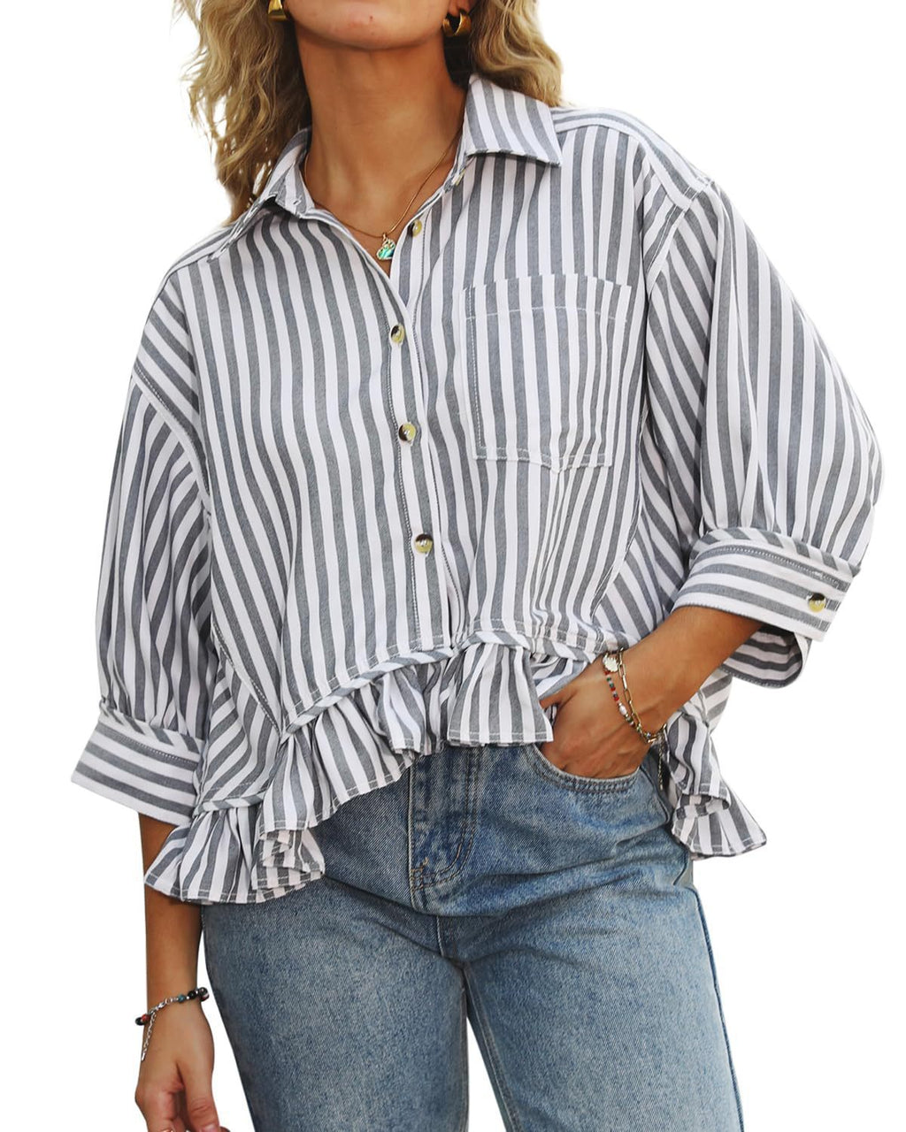 Women's Commuter Striped Lace Hem Loose Shirt Half Blouse