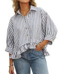 Women's Commuter Striped Lace Hem Loose Shirt Half Blouse