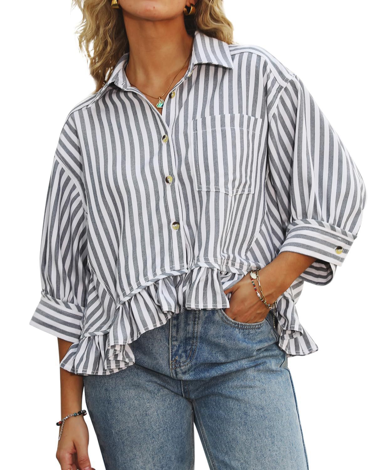 Women's Commuter Striped Lace Hem Loose Shirt Half Blouse