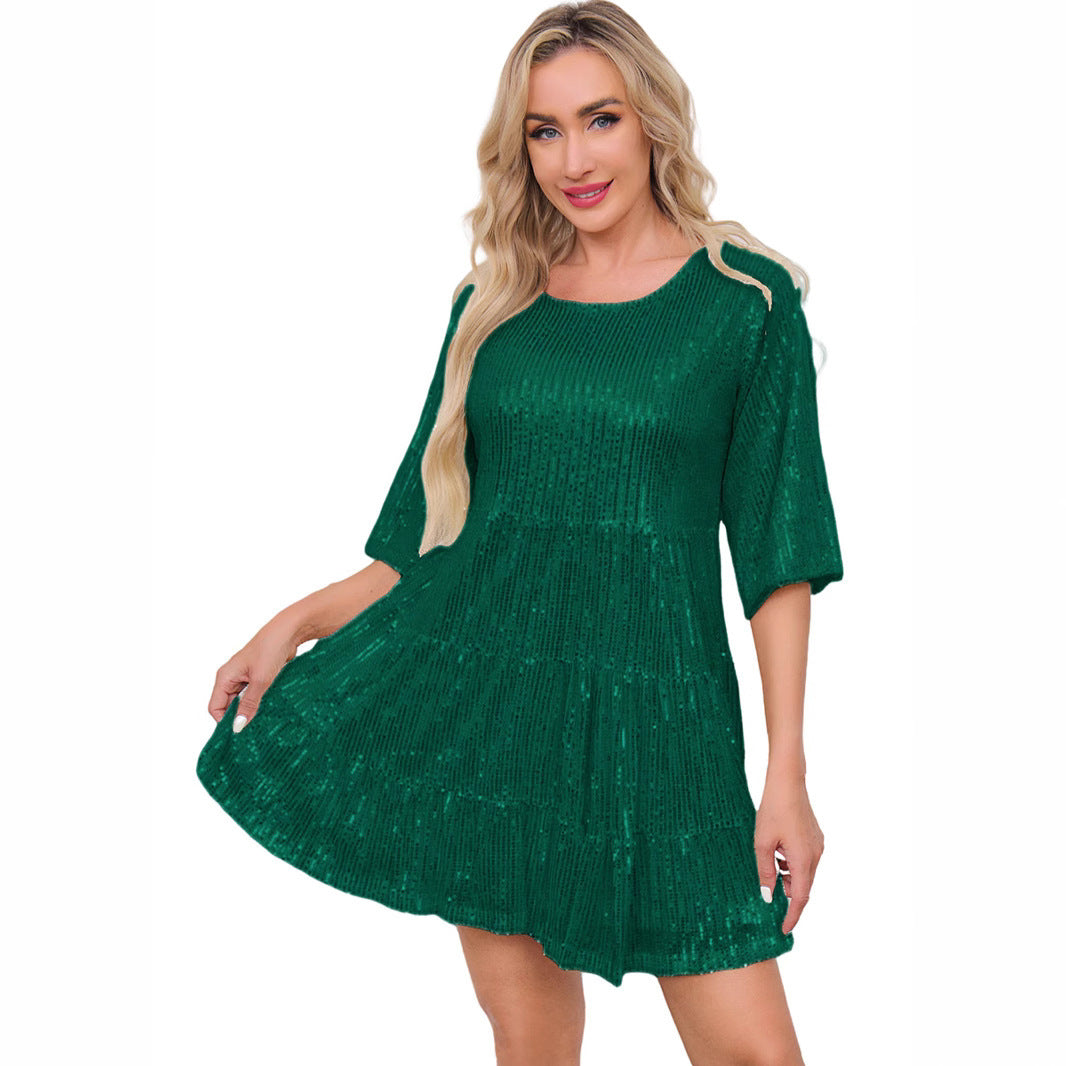 Fashion Solid Color Loose Waist Sleeves Sequins Shorts