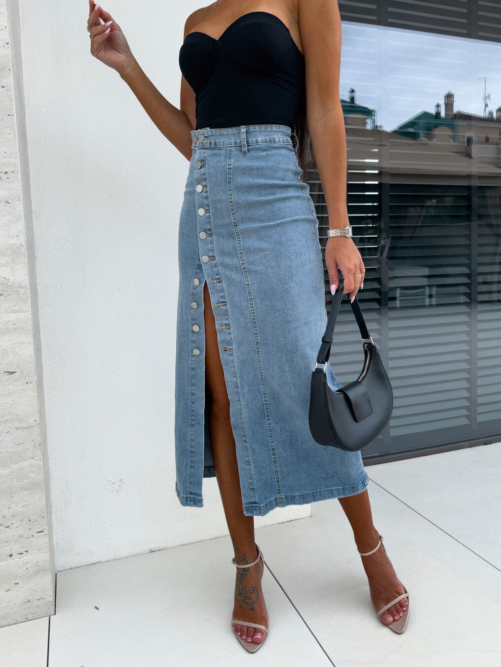 Women's Button Irregular Slit Denim High Waist Sexy Slim Fit Skirt