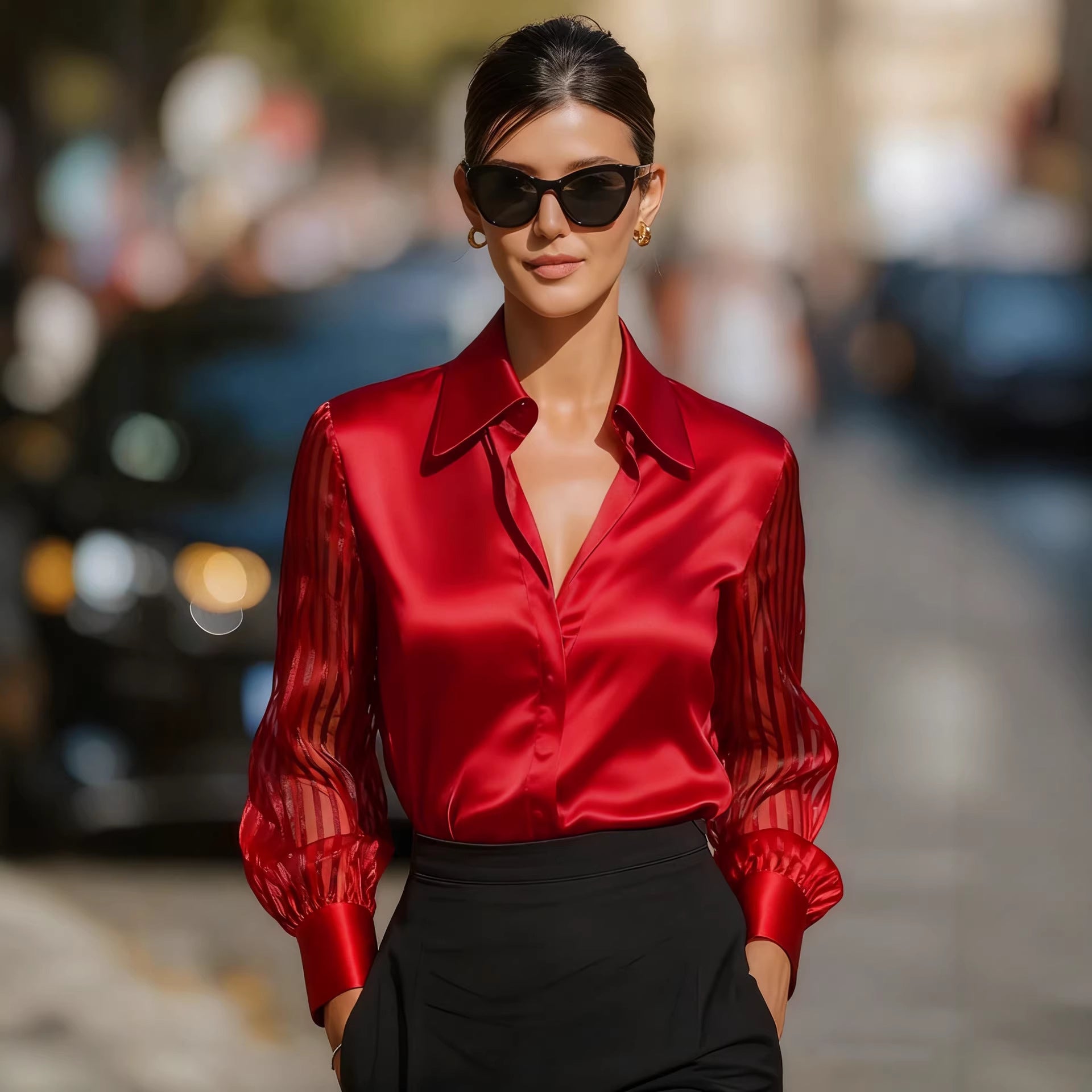 Women's Solid Color Elegant Commuter Collar Long-sleeved Blouse
