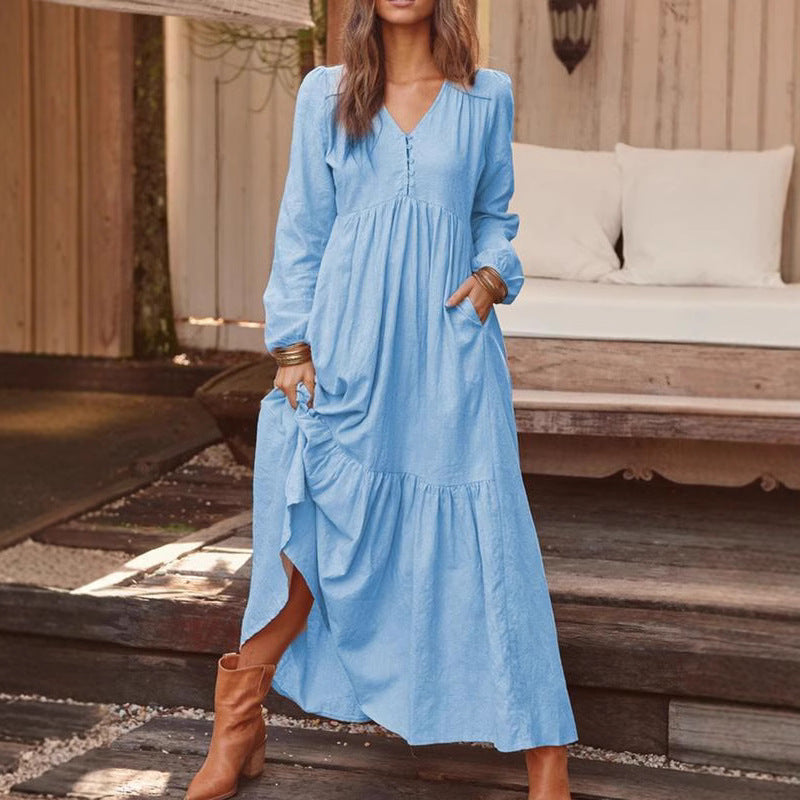 Women's Button Cotton Linen Retro Casual Long-sleeved Large Dress