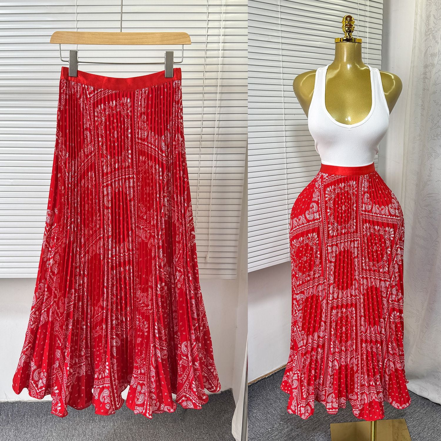 Women's Retro Printed High Waist A- Line Mid-length Pleated Large Hem Skirt