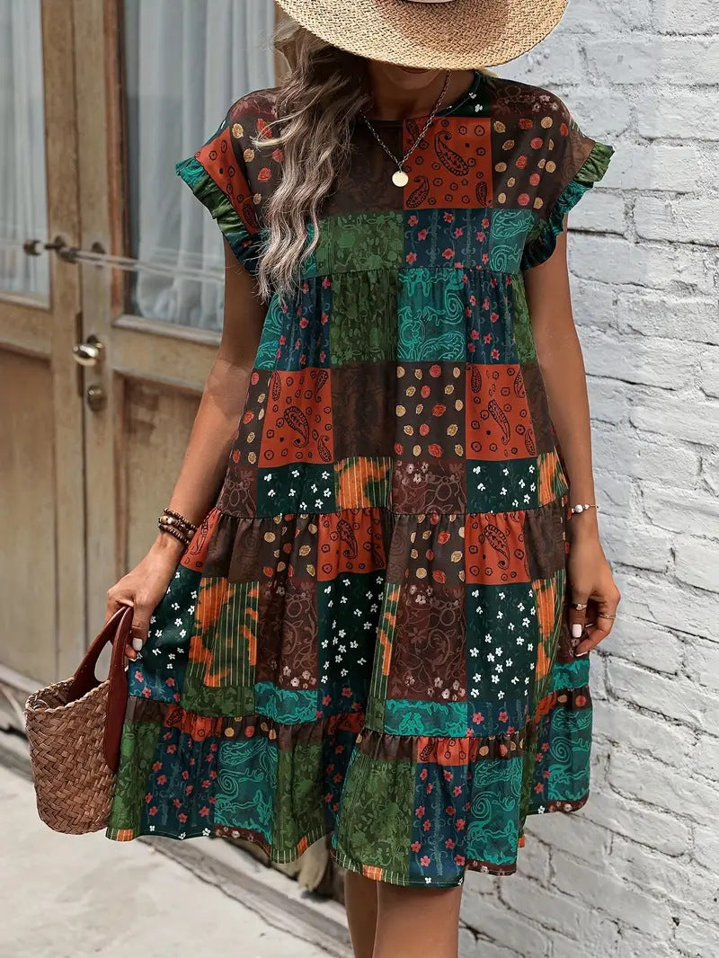Women's Stitching Printing Batwing Sleeve Ruffled Dress