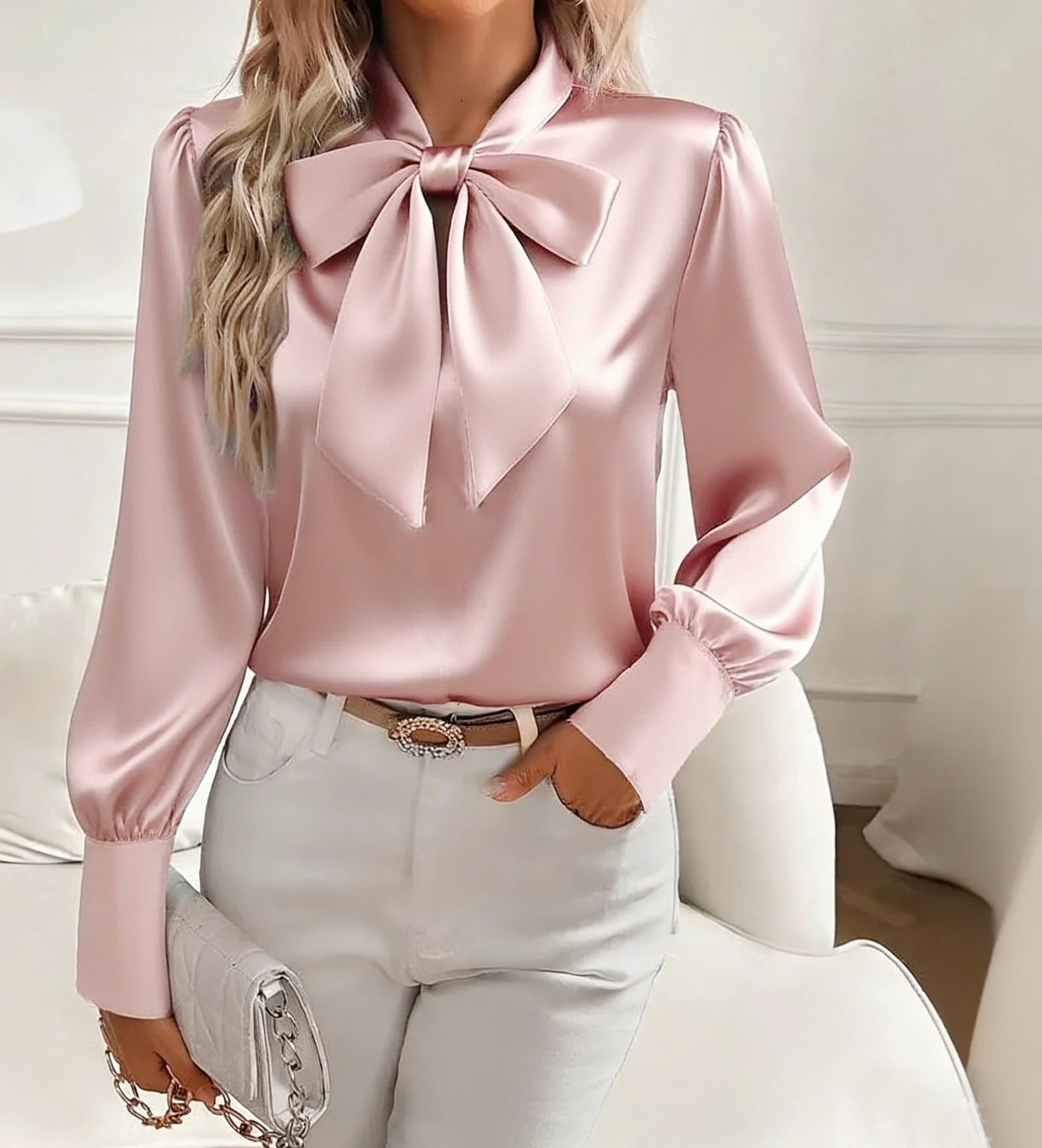 Women's Autumn Long Sleeve Bowknot Satin Shirt Tops