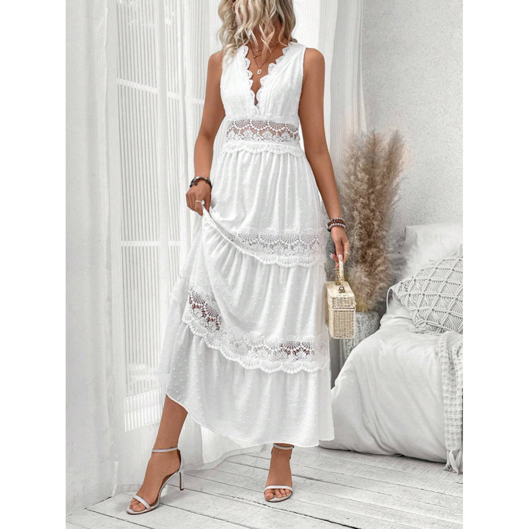 Women's Summer Lace Stitching Collar Sleeveless Dress