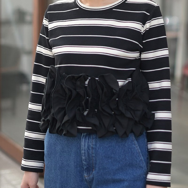 New Cool Women's Striped Long-sleeved Stitching Women's T-shirt