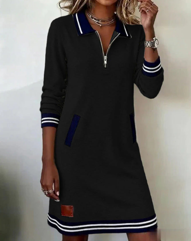 Women's Autumn Fashion Polo Collar Zipper Color Dress