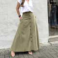 Women's Elegant High Waist Pocket Button Front Slit A- Line Skirts