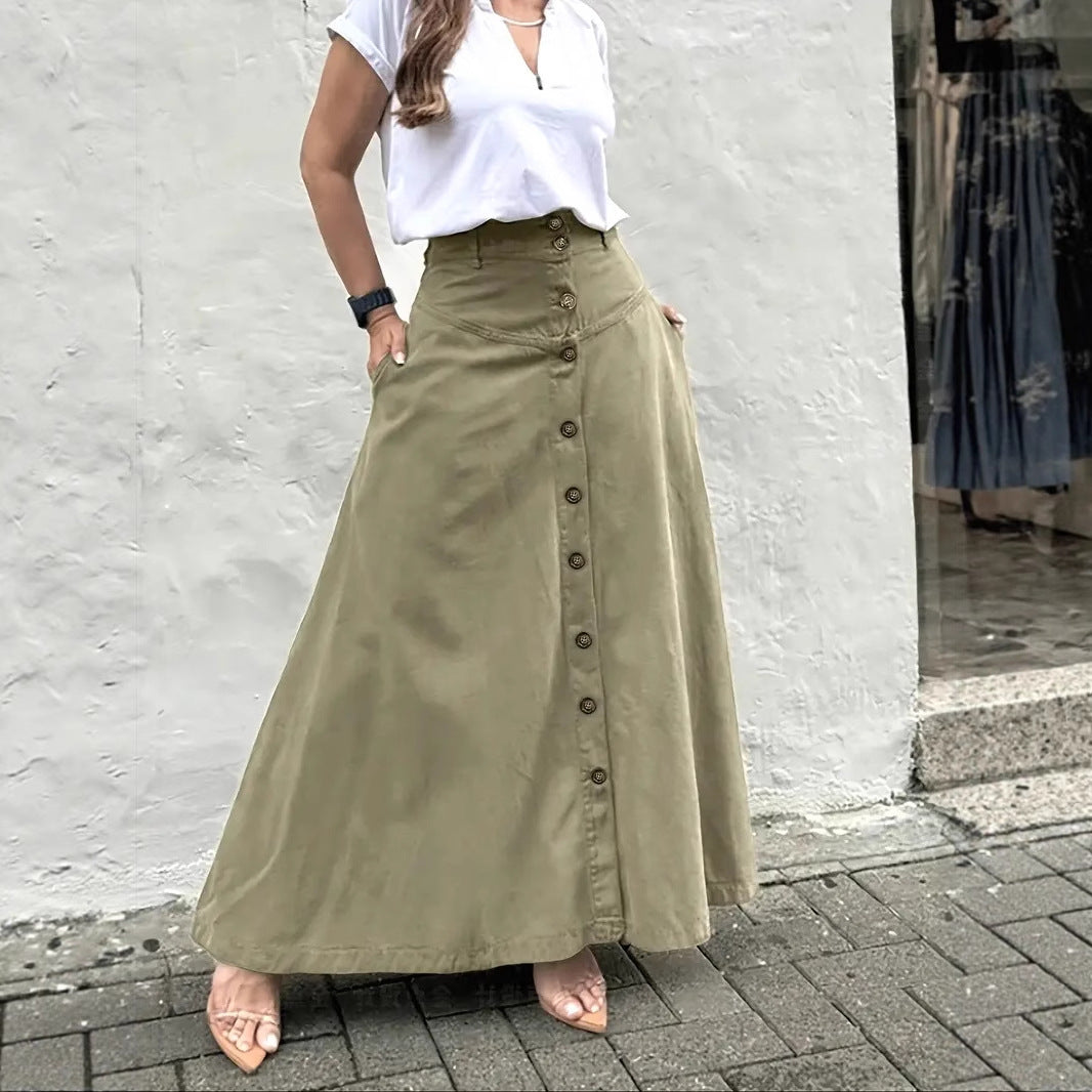 Women's Elegant High Waist Pocket Button Front Slit A- Line Skirts