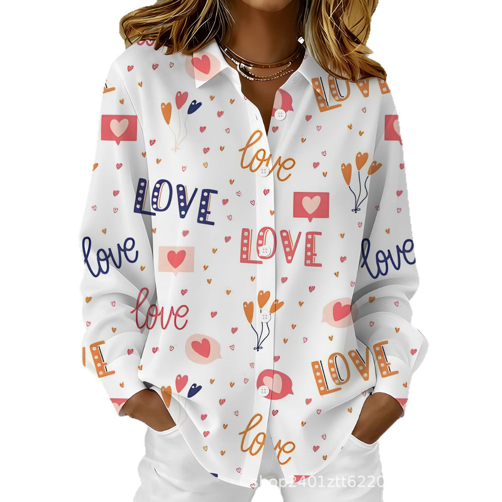 Women's Cupid Love Bow Digital Printed Long-sleeved Blouse