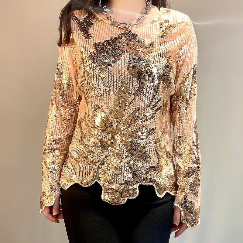 Women's Vintage Mesh Round Neck Pullover Beaded Sequins Temperament Commute Tops