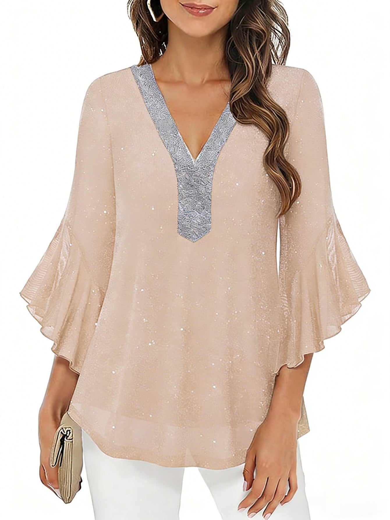 Stylish Spring Wear Sequined Pullover Shirt Blouse