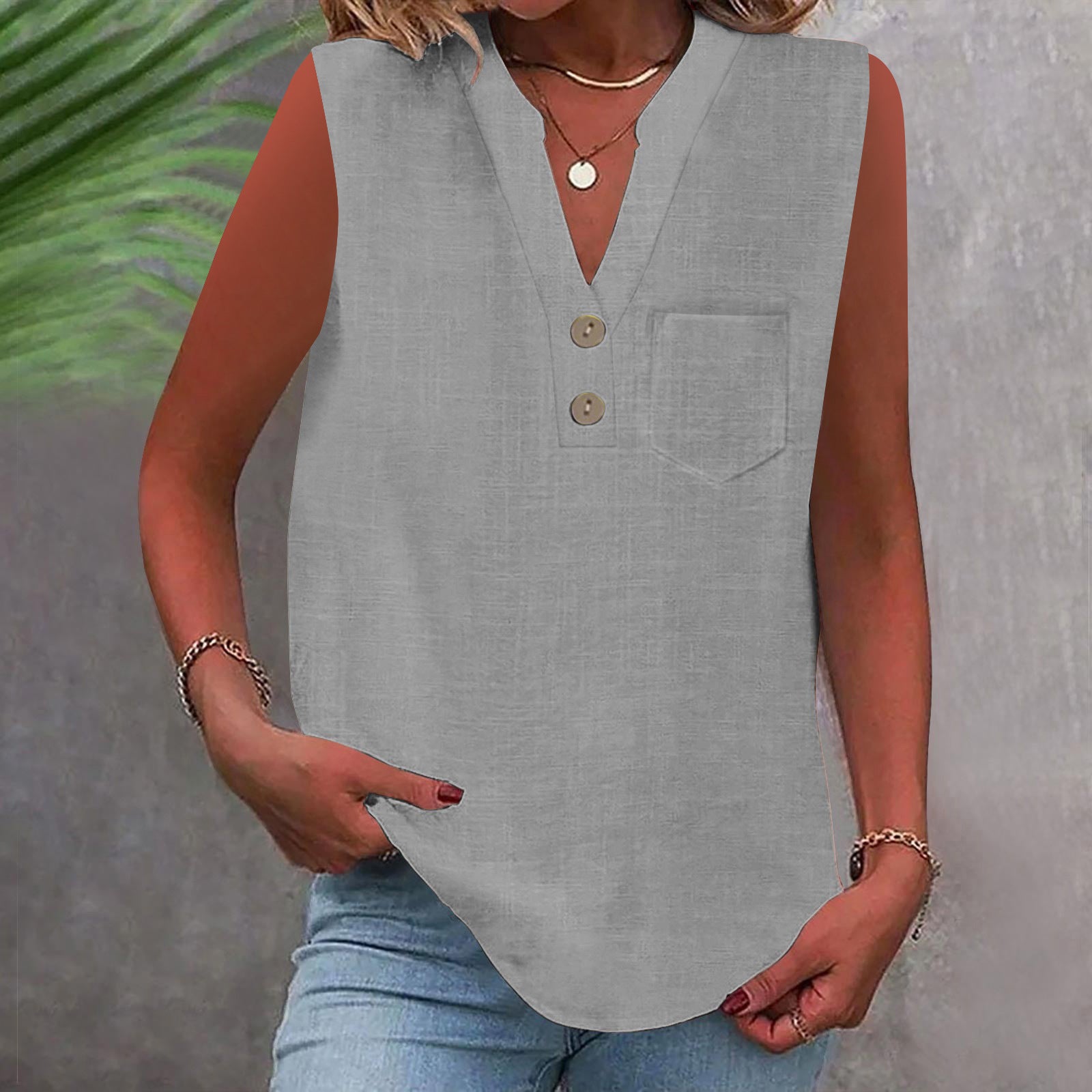 Women's Large Loose Slub Cotton Pocket Idle Tops