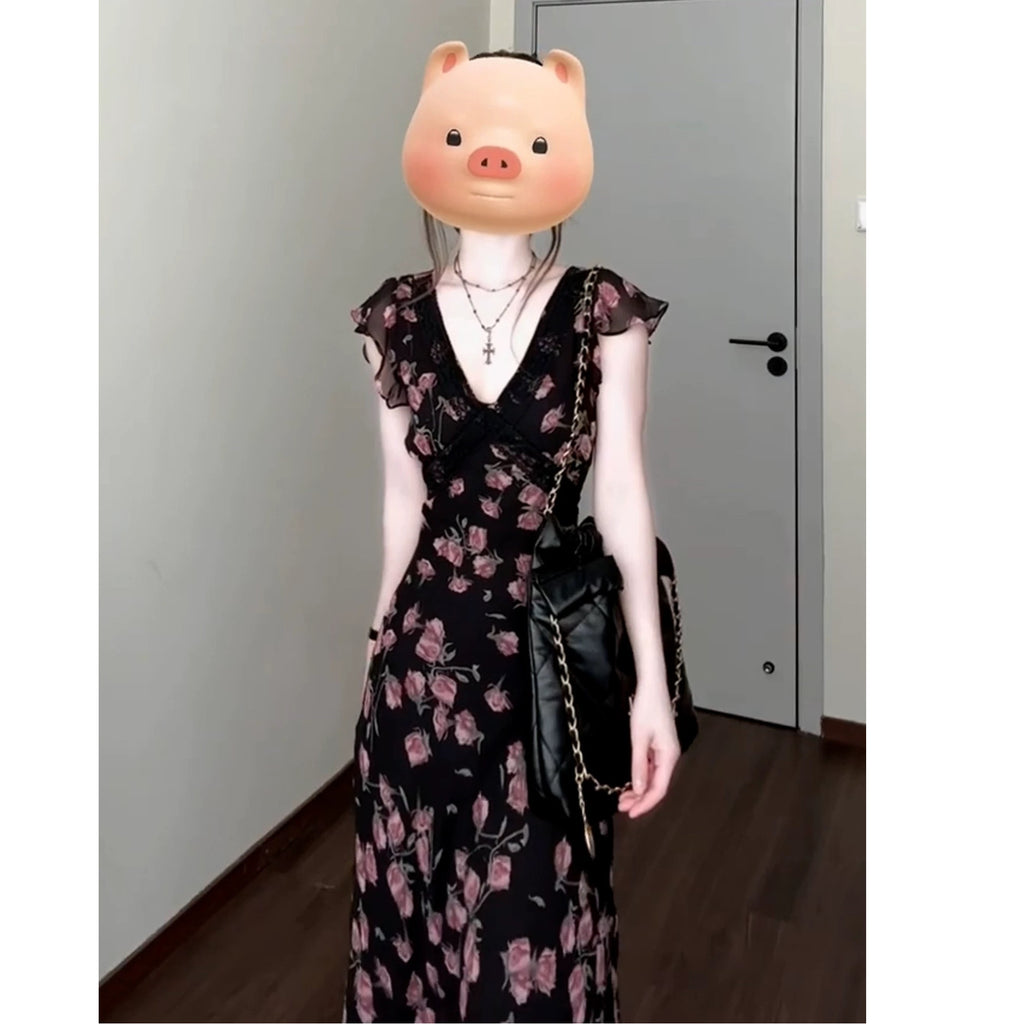 Women's Style Flying Sleeve Black Shivering Summer Korean Elegant Dress