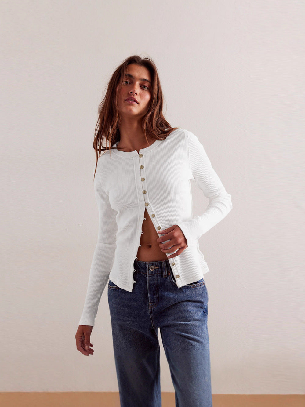 Women's Fashion Wear Long Sleeve Round Neck Button Rib Pure Color Women's Sweater