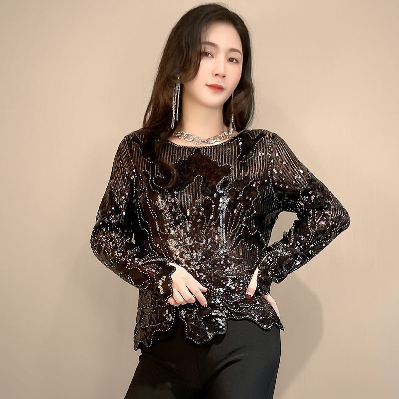 Women's Vintage Mesh Round Neck Pullover Beaded Sequins Temperament Commute Tops