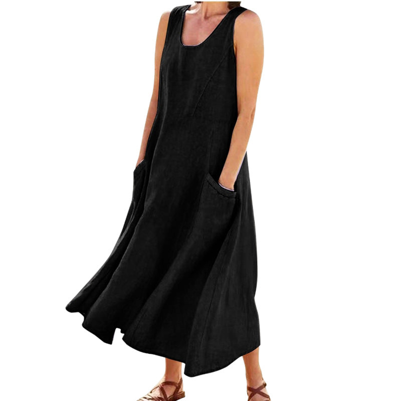 Women's Summer Retro Sleeveless Solid Color Cotton Linen Dress