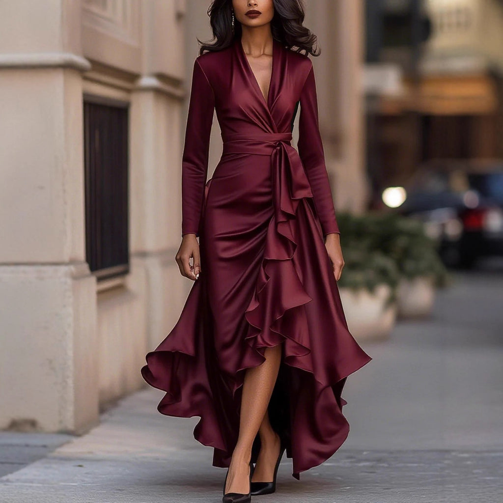 Women's Satin Waist Trimming Ruffles Elegant Dress
