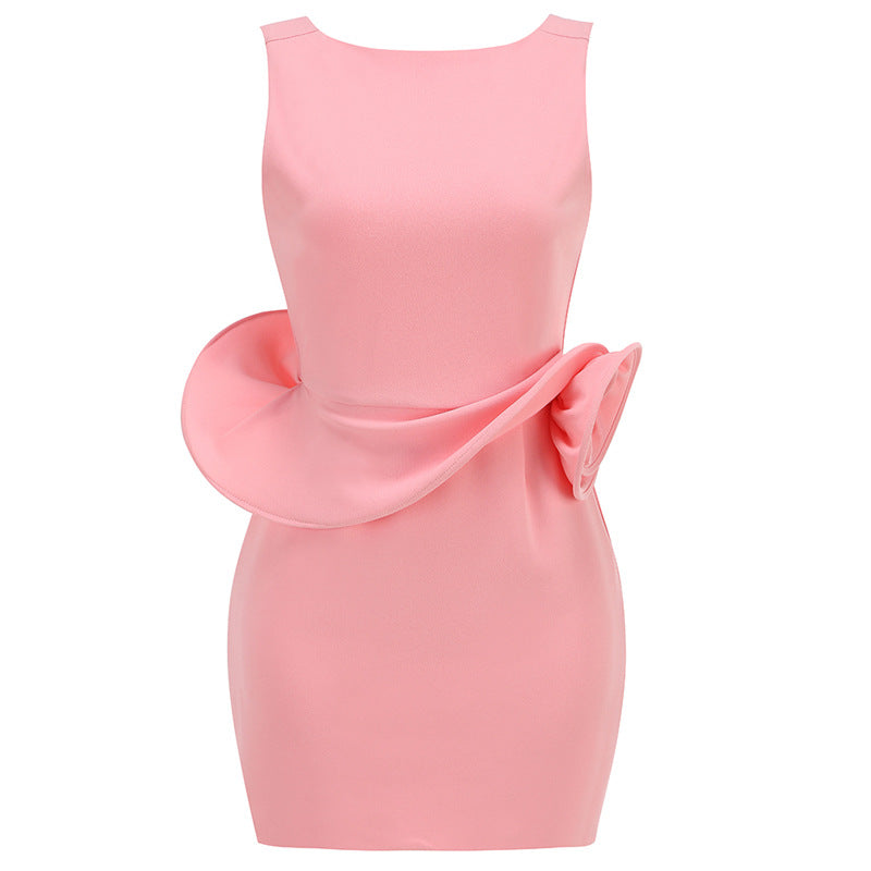 Women's Three-dimensional Flower Solid Color Party Sexy Pink Backless Dress