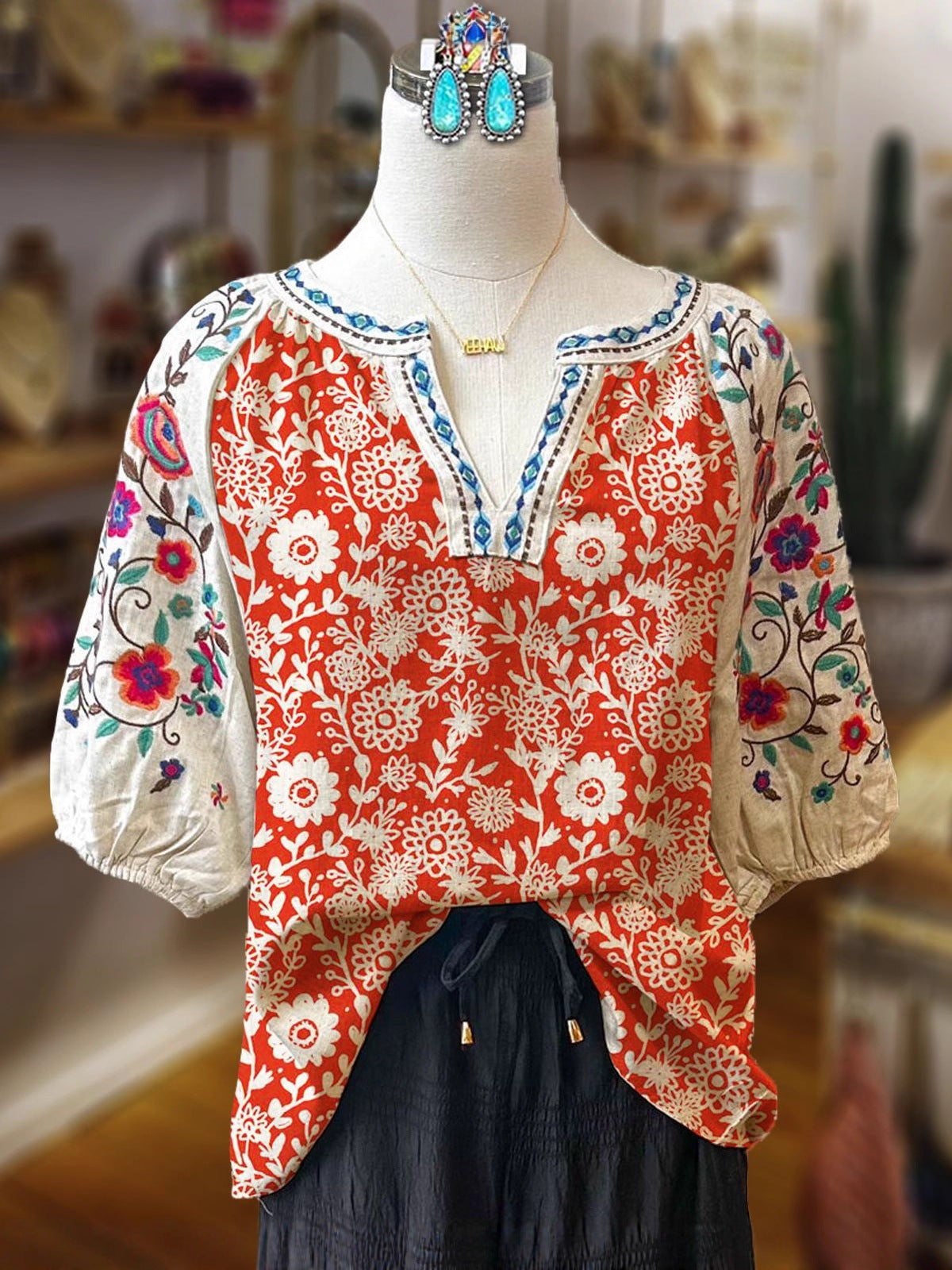Women's Ethnic Retro Literary Flower Printing Loose Casual Daily Sleeve Blouse