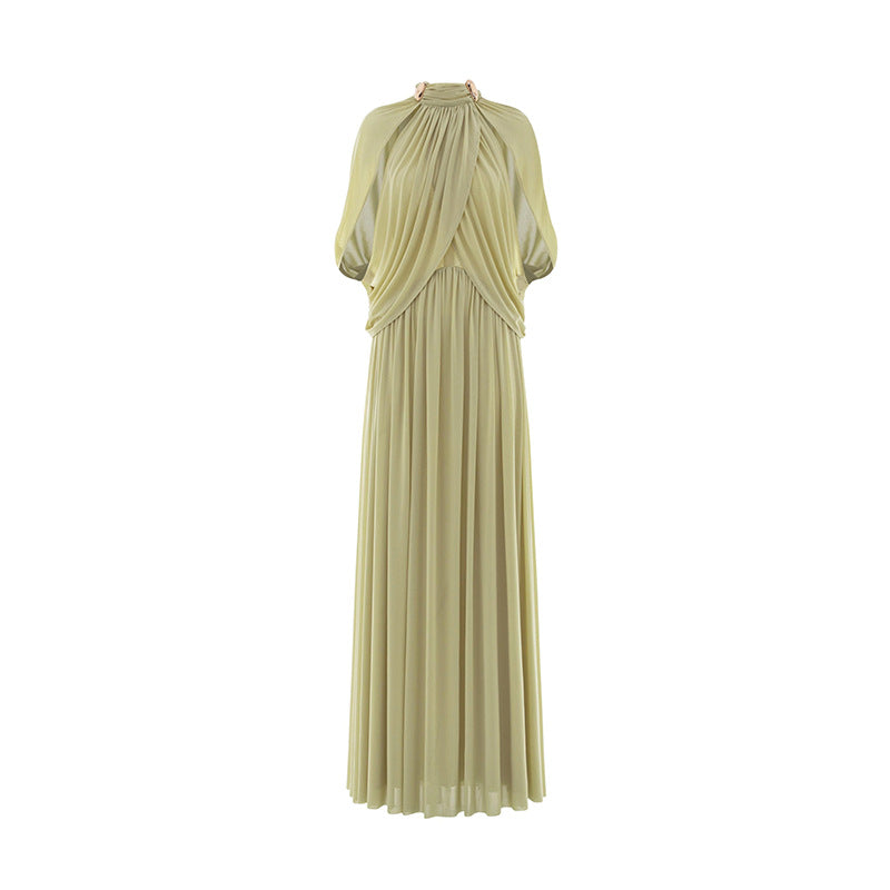 Women's Pleated Elegant Round Neck Simple Chiffon Dress