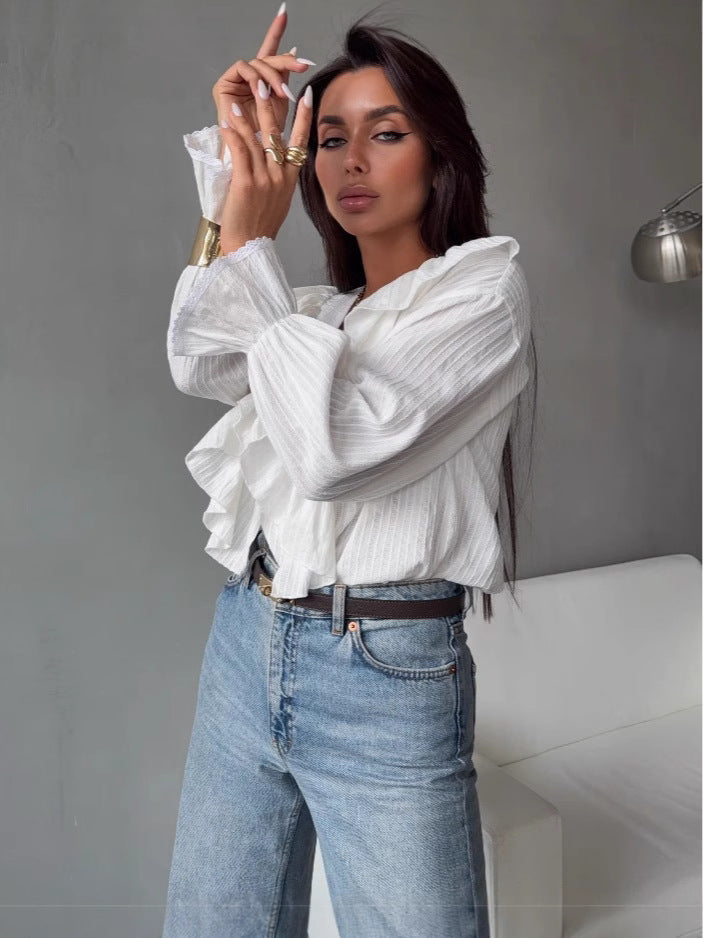 Flounce French Style Retro Design Long Sleeve Shirt Early Spring Tops