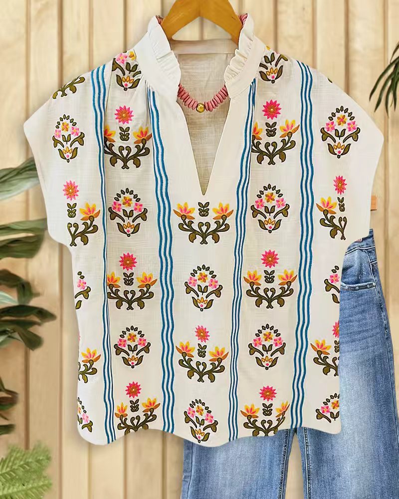 Women's Summer French Pastoral Style Floral Print Simple Fashionable Batwing Blouse