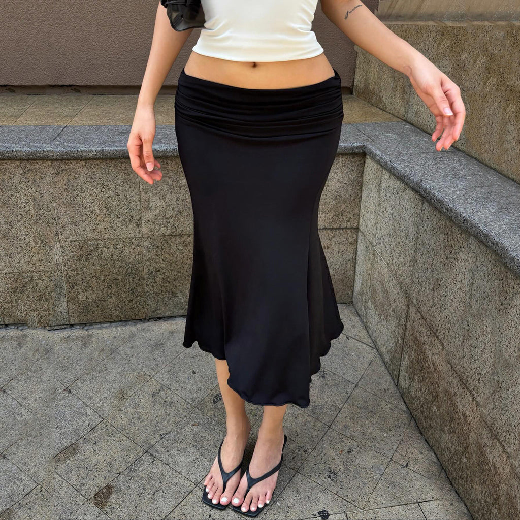 Women's Slim Basic Solid Color Pleated Slimming Low Waist Fishtail Skirts