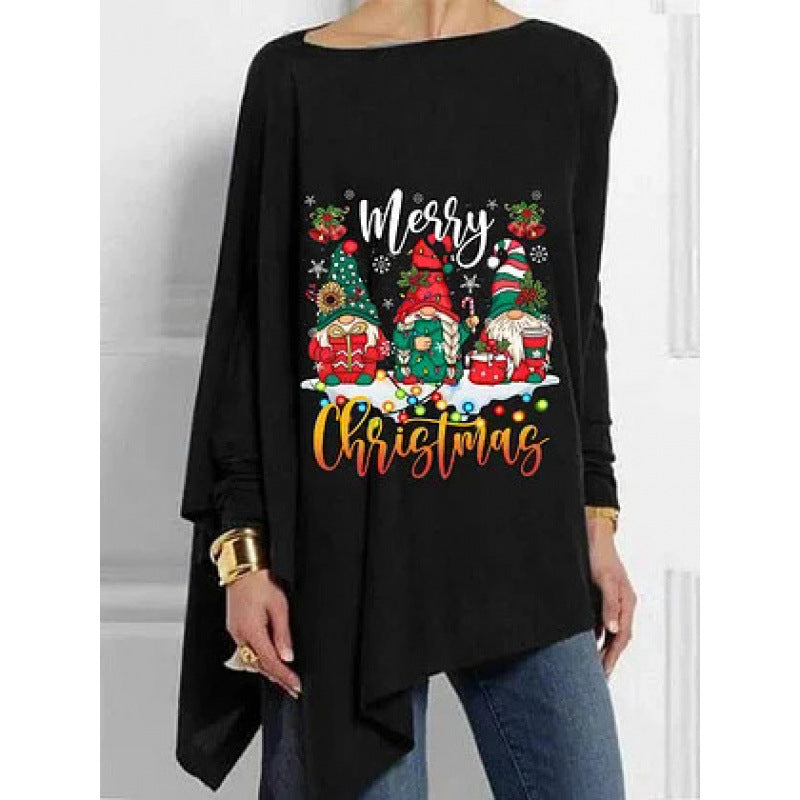 Autumn Irregular Hem Loose Casual Print Batwing Sleeve Bottoming Women's T-shirt