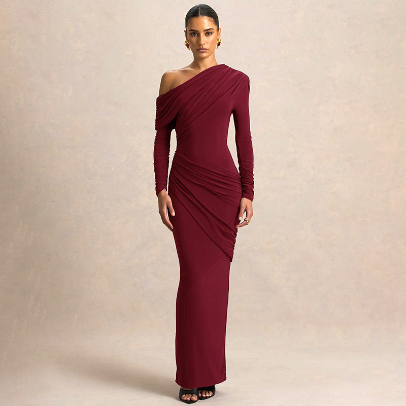 Women's Solid Color Elegant Asymmetric Neckline Pleated Dress