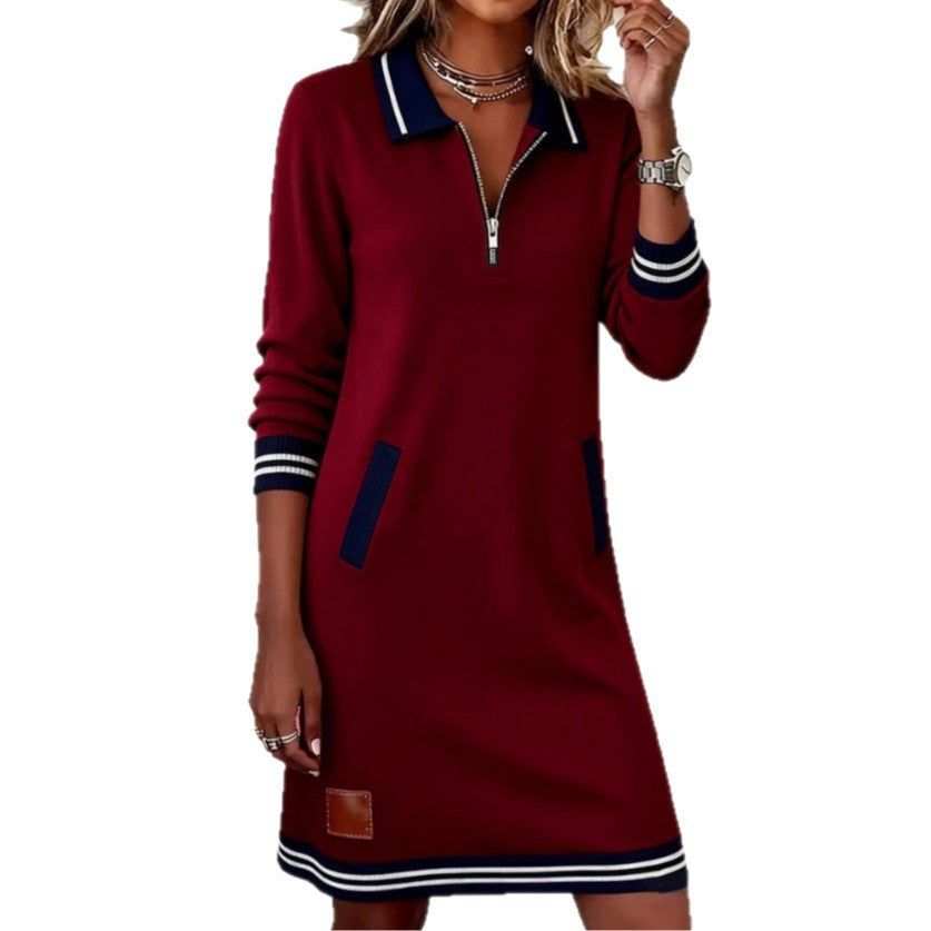 Women's Autumn Fashion Polo Collar Zipper Color Dress