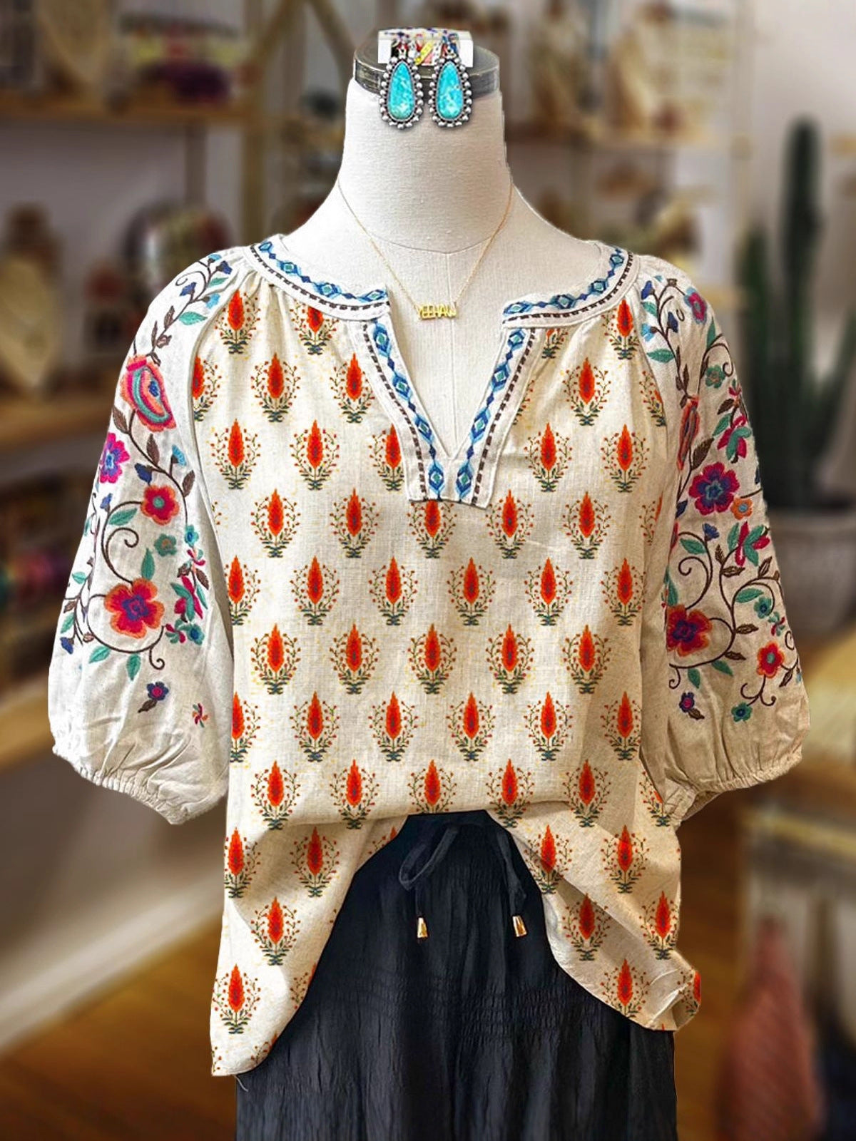 Women's Ethnic Retro Literary Flower Printing Loose Casual Daily Sleeve Blouse