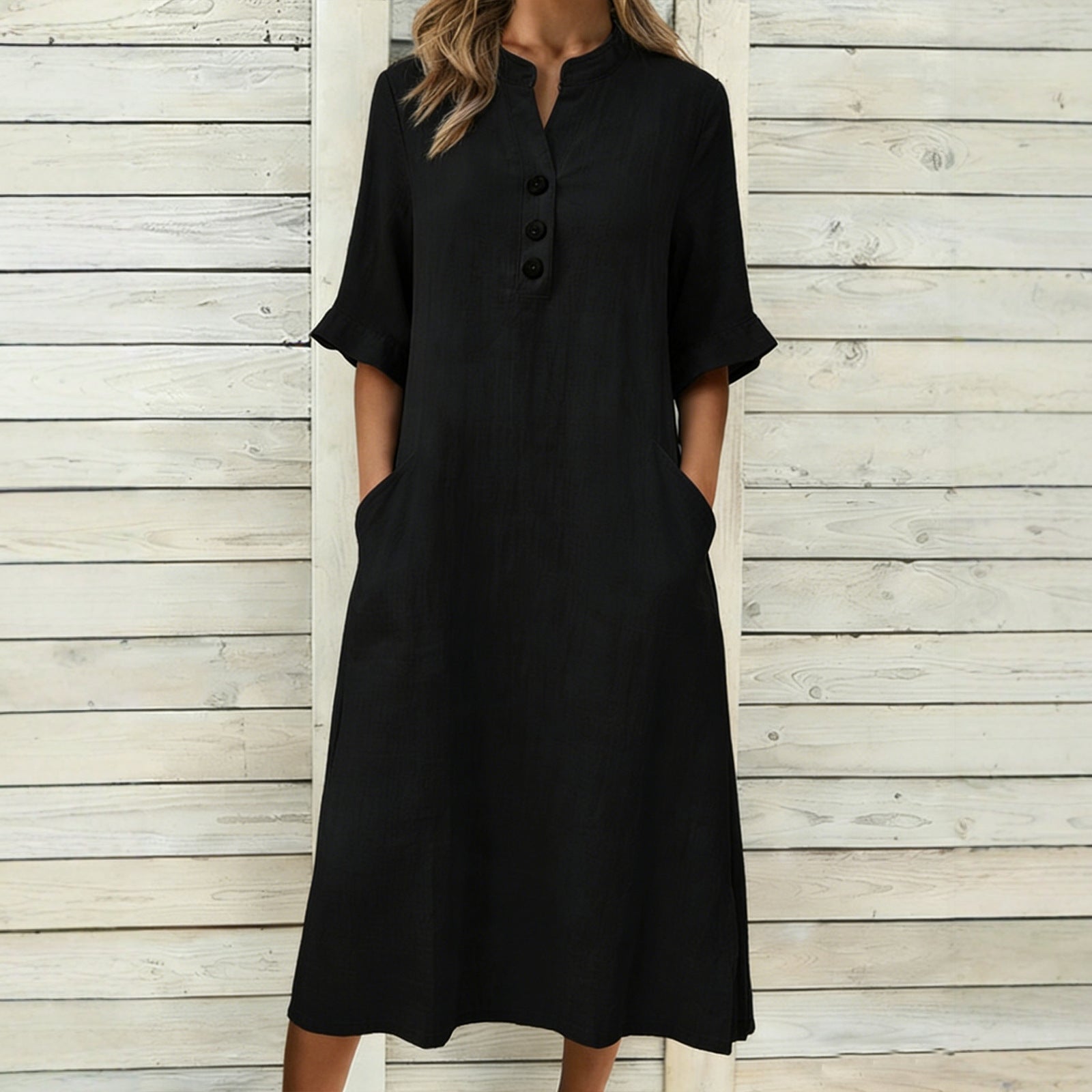 Cotton Linen Stand Collar Ornament Sleeve Dress