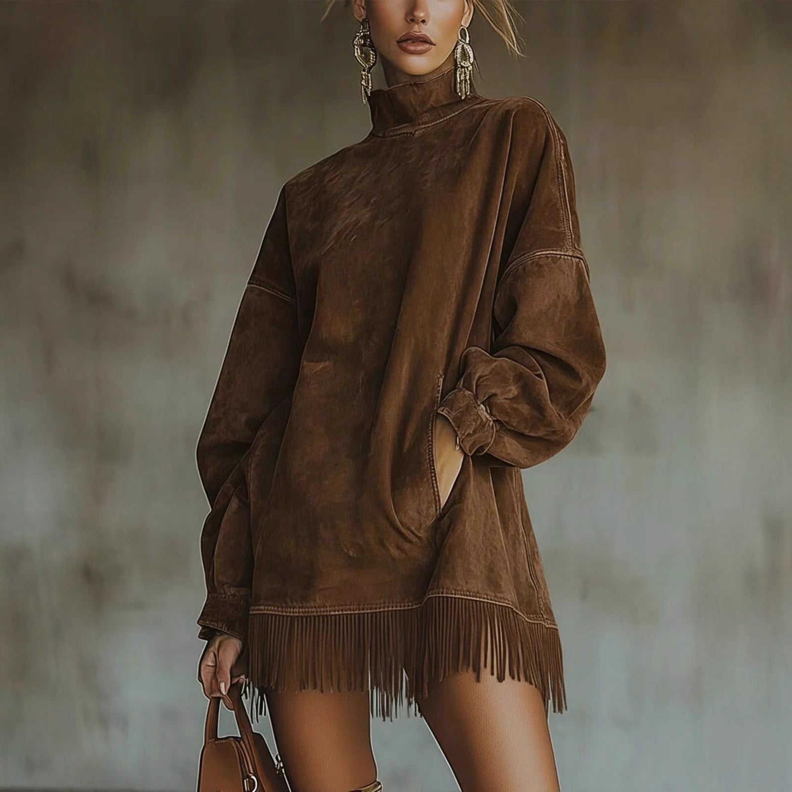 High Collar Loose Pocket Tassel Long Sleeve Dress