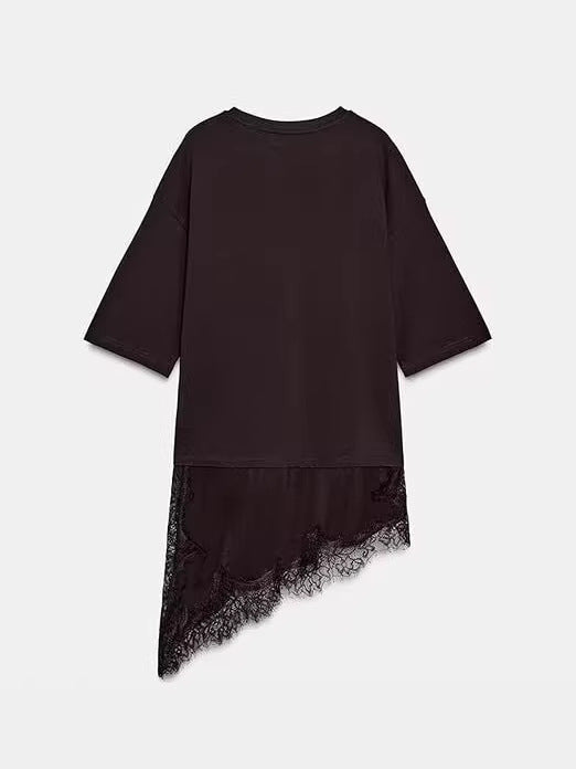 Women's Simple Straight Round Neck Sleeve Lace Stitching Women's T-shirt