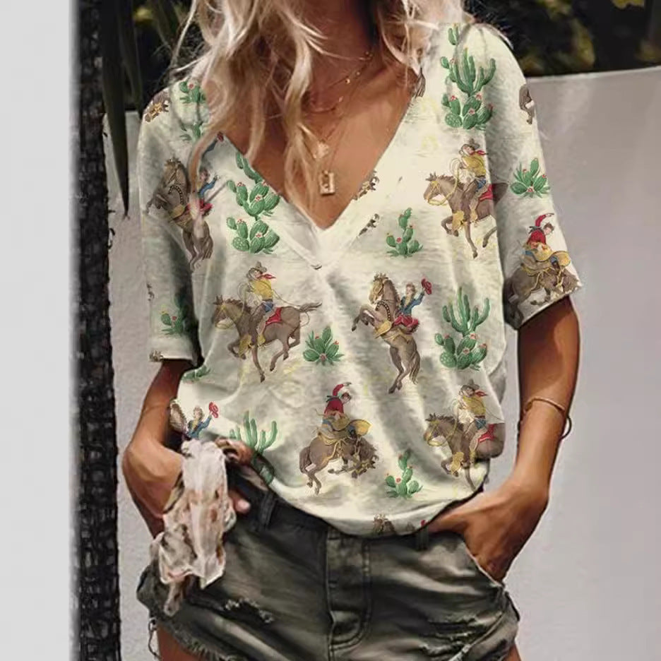 Women's Digital Printed Western Denim Short-sleeved Women's T-shirt