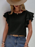 Women's Pleated Sleeves Round Neck Shirt Solid Color Casual Women's T-shirt
