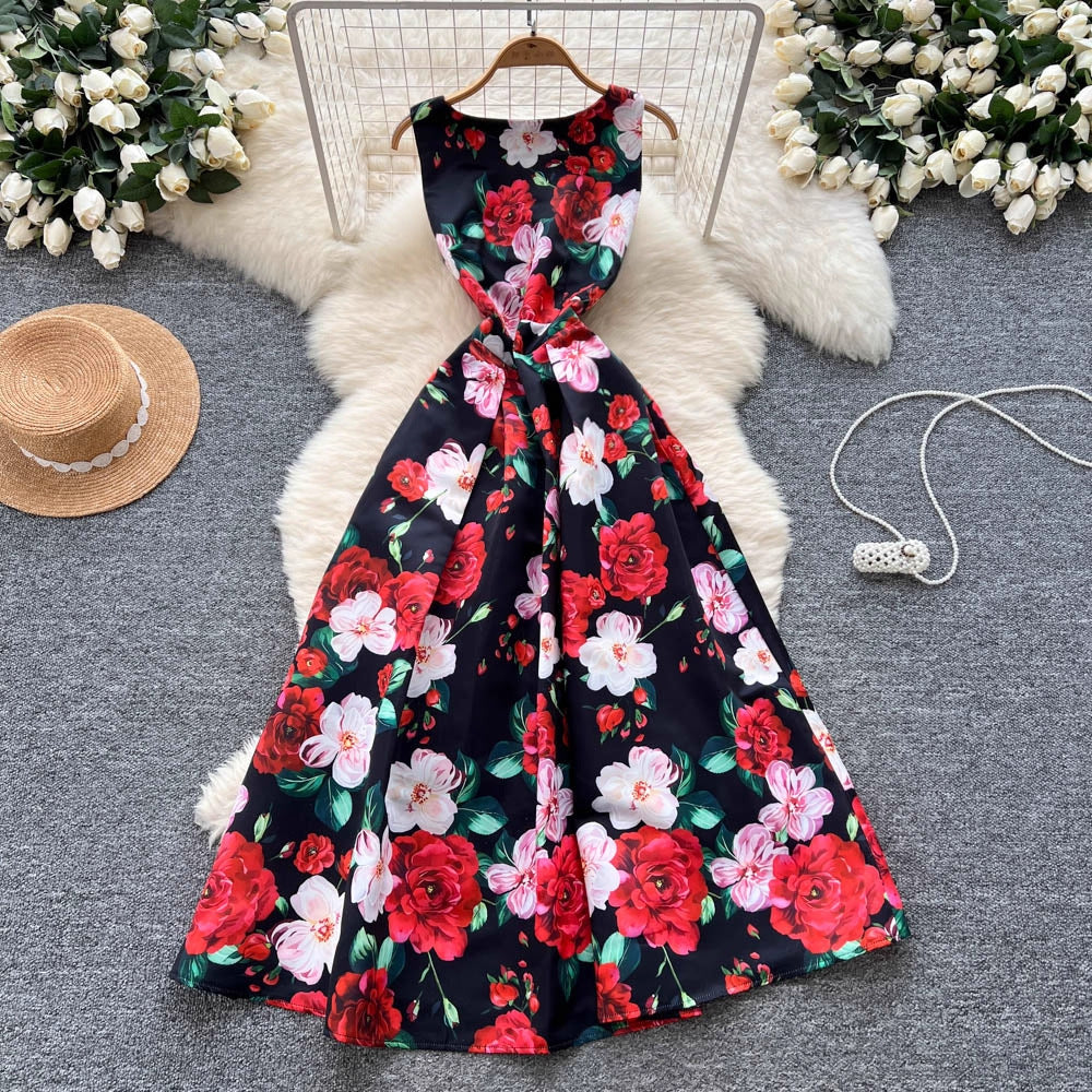 Women's Small Fashionable Retro Waist Slimming Sleeveless Fashion Printed Dress