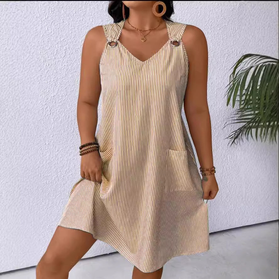 Creative Round Neck Pocket Striped Overall Skirts